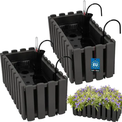 Produktbild von KOTARBAU® 2er Set Blumenkasten Balkon Blumentopf Selbstbewässernd 38x18x16cm Grau Kunststoff Blumentopf Balkongeländer Bewässerungssystem Blumenkastenhalterung Pflanzkübel Groß Außen