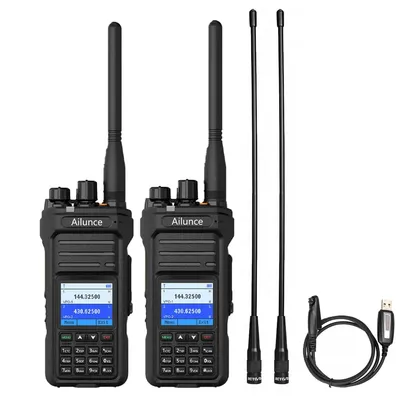 Two black walkie-talkies with antennas, two extra antennas, and a USB charging cable are displayed on a white background.