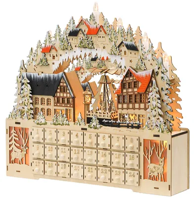 Productafbeelding van HOMCOM Adventskalender, kerstdecoratie, 24 lades, LED-verlichting, MDF