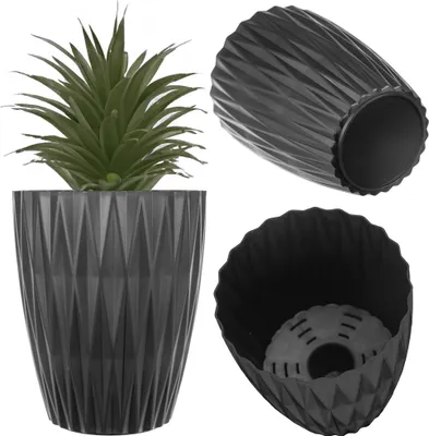 Produktbild von KADAX Pflanzentopf Ø 12.5 x H 15.5 cm, moderner Blumentopf aus Kunststoff, Übertopf für Zimmerpflanzen, Blumenübertopf mit geometrischer Struktur, Kräutertopf für Innen (Schwarz)