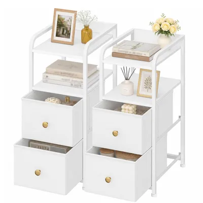 Produktbild von Nachttisch 2er Set, Schmal Beistelltisch mit 2 Stoff-Schubladen, Schmaler Nachttische mit offenes Fach, Nachtschrank für Schlafzimmer, Wohnzimmer
