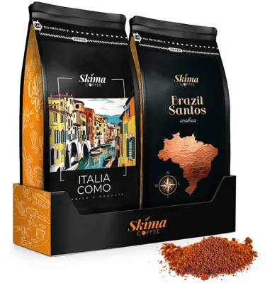Obrázok produktu pre Mletá káva 2 x 500 g ITALIA COMO/BRAZÍLIA SANTOS čerstvo pražená SkimaCoffee + podtácka