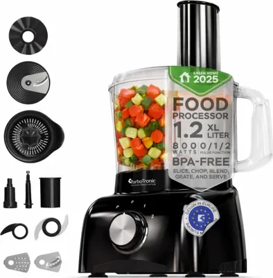 Obrázok produktu pre TurboTronic kuchynský robot 800 W – FP800 – 1,2 L nádoba, sekač, citrusovač a mixér v jednom, multifunkčný food processor, BPA-free, čierno-červený Schwarz