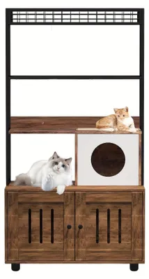 Productafbeelding van Kattenmeubel – Kattenbakmeubel – Kattenhuis – Kattenkast – Hout en Metaal – Verborgen Kattenbak – Retro Bruin