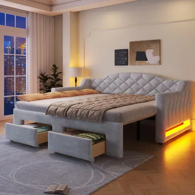Image de Lit de jour 90-180x200, rembourré, avec 2 tiroirs, éclairage LED, flexible (gris)