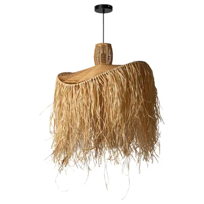 Image de Suspension en raphia naturel avec longues franges, style bohème méditerranéen, Ø60 cm