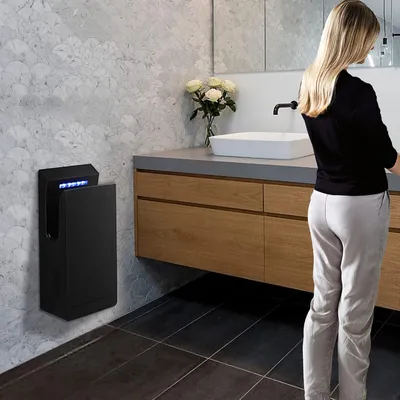 Imagen del producto de Secador de manos eléctrico QL con esterilización UV y filtro HEPA, alta velocidad de 1350W, función de iones negativos, para baños comerciales, color mate