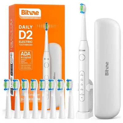 Obrázek produktu pro Bitvae - Electric Toothbrush Daily D2 ultrazvukový elektrický zubní kartáček s 8 hlavicemi, cestovním pouzdrem, timerem, 5 režimy a štětinami ve tvaru W - bílý