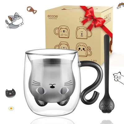 Productafbeelding van Dubbelwandig koffieglas - Motief: kat - Geschikt voor latte macchiato, cappuccino, thee en melk - 290 ml