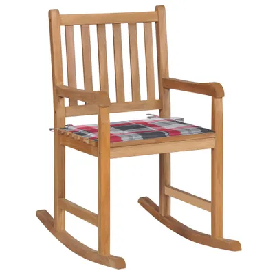 Image de vidaXL Chaise à bascule avec coussin à carreaux rouges en teck massif