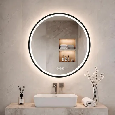 Immagine prodotto di Specchio da bagno LED rotondo con Bluetooth, diametro 60 cm, colore nero, funzione antiappannamento, dimmerabile, temperatura di colore regolabile da 3000 a 6500K, grado di protezione IP44