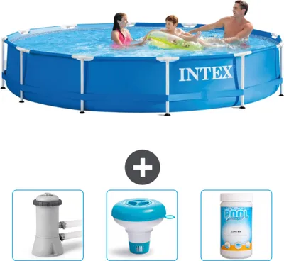 Produktbild von Intex-Schwimmbecken mit rundem Rahmen – 366 x 76 cm – Blau – im Lieferumfang enthalten Filterpumpe für Schwimmbad - Chlorschwimmer - Chlor