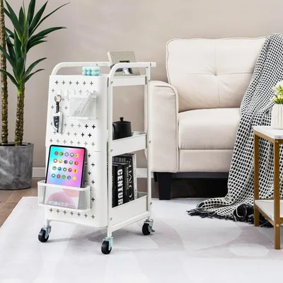Obrázok produktu pre 3-poschodový kovový vozík s 2 kolíkmi a 2 košíkmi a 4 háčikmi biely