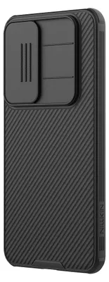 A black phone case with a textured surface and a sliding camera cover.