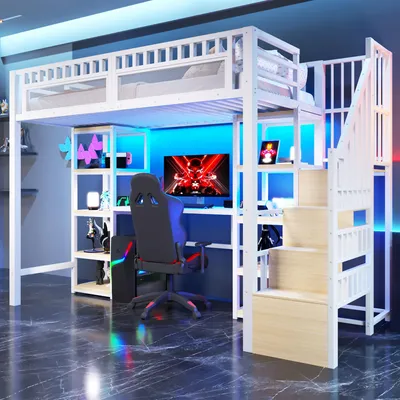 Produktbild von Hochbett mit RGB LED-Streifen, Schreibtisch, Lattenrost, Treppe und Regal, Kinderbett mit Rausfallschutz, Metallbett, 90x200cm