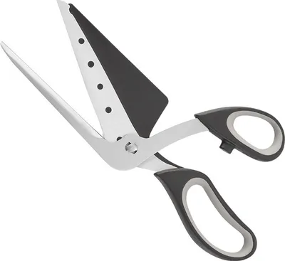 A pair of stainless steel pizza scissors with black and gray handles, shown against a white background.