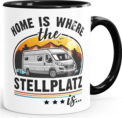 Produktbild von Kaffee-Tasse Camping Home is where the Stellplatz is Geschenke für Camper Wohnmobil Spruch lustig Moonworks®