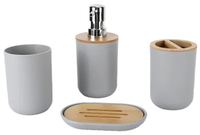Produktbild von Badezimmer-Organizer-Set, 4-teilig – Zahnbürstenhalter – Seifenschale – Lotionspender – Becher – Platzsparendes Design – Badezimmer-Set