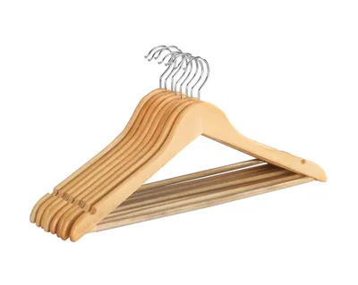A stack of wooden hangers on a white background.