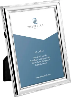 A silver picture frame with a beaded edge, shown at an angle on a white background.