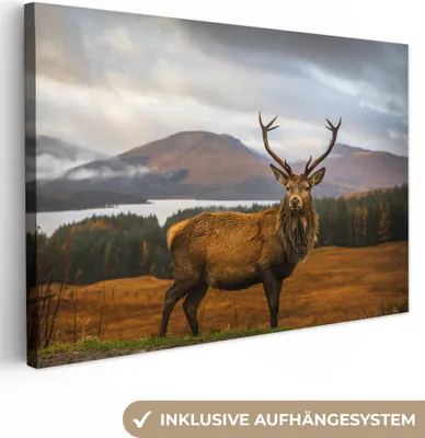 Produktbild von MuchoWow® - Leinwandbilder - Hirsche - Berge - Wasser - Landschaft - Tiere - Bäume, Wandbild, Wanddeko Bilder Wohnzimmer, 120x80 cm