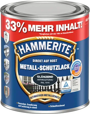 Produktbild von Hammerite Metall-Schutzlack Glänzend, Fertig gemischt, Zaun, Möbel, Treppe, Fenster, Metall, Glänzende Oberfläche, Grau, 10 m²/L, Anthrazitgrau