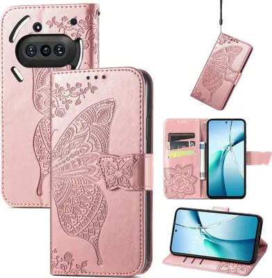 Obrázek produktu pro Pro nic Telefon 3a Koženkové peněženkové pouzdro na mobilní telefon Butterfly Design Case Pink