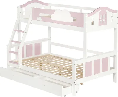 Produktbild von Etagenbett,Kinderbett mit farblich abgesetztem Fallschutzgitter mit Fenster,Mit Wolkendekoration,mit Schrägleiter und Schubladen,Kiefer+MDF
