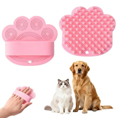 Produktbild von Badebürste für Haustiere mit Griff, Silikon, Pink