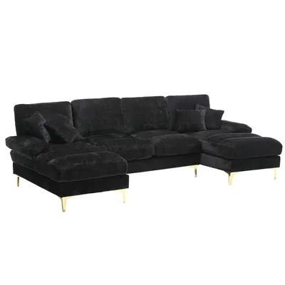 Produktbild von LVHOM Ecksofa U-Form, Sofagarnitur mit goldenen Metallbeine, Wohnlandschaft Couch Sofa Couchgarnitur Eckgarnitur, 4 Sitzer, 272x88x136 cm, Schwarz