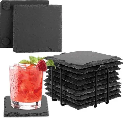 Immagine prodotto di Sottobicchieri in ardesia nera 10x10 cm, resistenti ai graffi