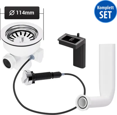 Produktbild von AquaDE Siebkorbventil Ø 114 mm, Drehexcenter Abtropf-Überlauf, Raumschaffer, Edelstahl, Kunststoff, vernickeltes Messing, Weiß, Schwarz, Silber, für alle Spülenarten (Edelstahl, Granit, Kunststoff, Keramik), herausnehmbares Siebkörbchen, 50 cm Bowdenzuglänge