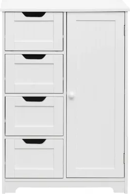 A white wooden cabinet with four drawers on the left and a single door on the right, shown from the front.