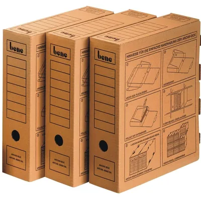 Produktbild von Bene Archivbox Standard natron, für DIN A4, mit Steckverschluss und Griffloch, Maße: 80 x 330 x 290 mm, braun