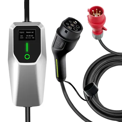 Image de Borne de recharge mobile Hexinex Typ 2 pour véhicules électriques, 11 kW, câble de recharge de 4 mètres {5 pôles, 6–16 A}, prise CEE, 380 V, écran LCD