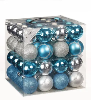 Produktbild von 64x Kunststoff Christbaumkugeln Ø 6cm Kugel Box Glanz Glitzer Matt Dekor Inge inkl. Aufhänger, Farbe:Türkis-Silber