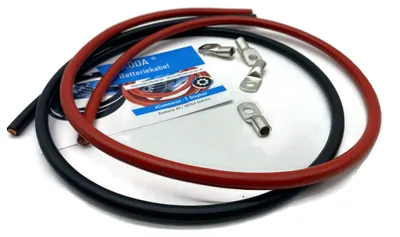 Zdjęcie produktu dla Zestaw kabli akumulatorowych eXODA, 25 mm², 4 sztuki, gwint M8, długość 1 metr, kolor: czerwony i czarny, do zastosowań przemysłowych i prywatnych