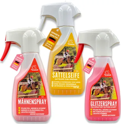 Produktbild von Glitzerspray Pferde + Mähnenspray & Sattelseife - Pferdepflege Set 3 Teilig