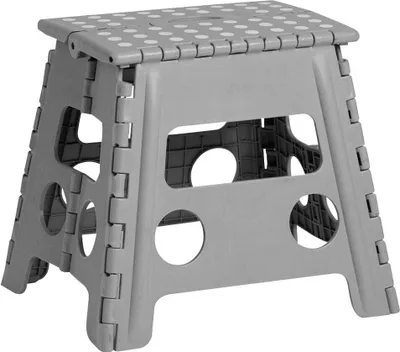 A gray folding step stool is shown against a white background.