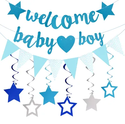 Baby-Deko-Set Blau: Banner, Wimpelkette & Sterne für Willkommen zu Hause