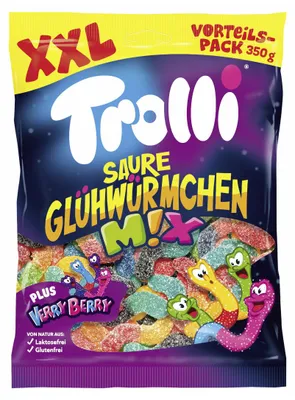 Productafbeelding van Trolli Saure Glühwürmchen Mix XXL, een mix van fruitige en zure snoepjes, verpakt in een zak van 350 gram