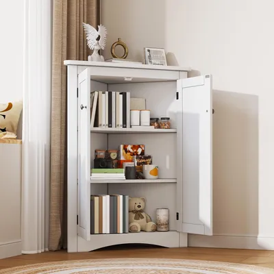 Produktbild von okwish Eckschrank Badezimmerschrank mit 2 Einlegeböden,Sideboard Beistellschrank mit zwei verstellbaren Kippschutzvorrichtungen und Doppeltür,Weiß