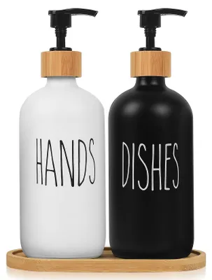 Image de Ensemble distributeur de savon pour la cuisine, distributeur de savon en verre de 500 ml, ensemble de 2 distributeurs de savon pour les mains rechargeables avec pompe, flacon de liquide vaisselle pour la cuisine, la salle de bain, la douche, le shampoing, la lotion