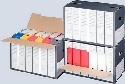 Produktbild von Smartbox Pro Archivbox für Ordner, mit perforiertem Frontdeckel, seitliche Tragegriffe, Innenmaß 498 x 295 x322 mm, grau