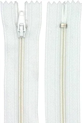 Two zippers are shown side-by-side against a white background. One zipper is closed and shows the slider mechanism, while the other is open and shows the interlocking teeth.