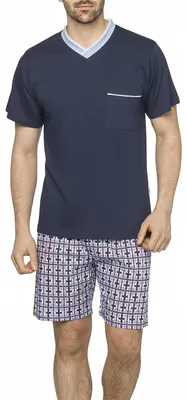 Produktbild von Moonline - Herren Shorty Schlafanzug kurz Pyjama mit karierter Hose aus 100% Baumwolle ; Hellblau , 4XL