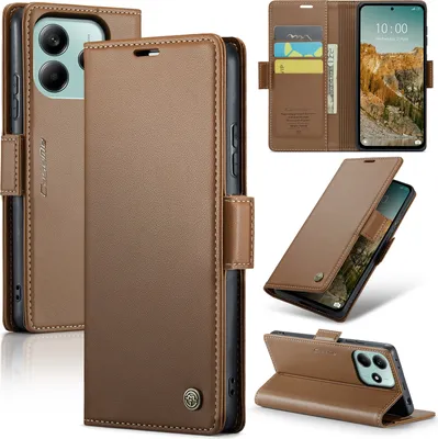 Obrázek produktu pro Pouzdro pro Xiaomi Redmi Note 14 5G, RFID Blokování Karet, Pokročilé Flip Kožené Pouzdro s Funkcí Stojánku Hnědý