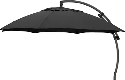 A black cantilever umbrella is shown against a white background.