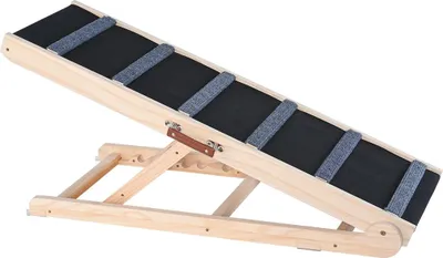 Produktbild von Hunderampe, klappbare Haustierrampe für Betten, verstellbare Hunderampe für kleine, große, alte Hunde und Katzen, Holzrampe für Haustiere mit einer Länge von 105 cm, verstellbar von 35 cm bis 65 cm, geeignet für Couch, Sofa, Auto