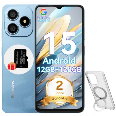 A light blue smartphone is shown with a clear protective case and a microSD card with a gift box.